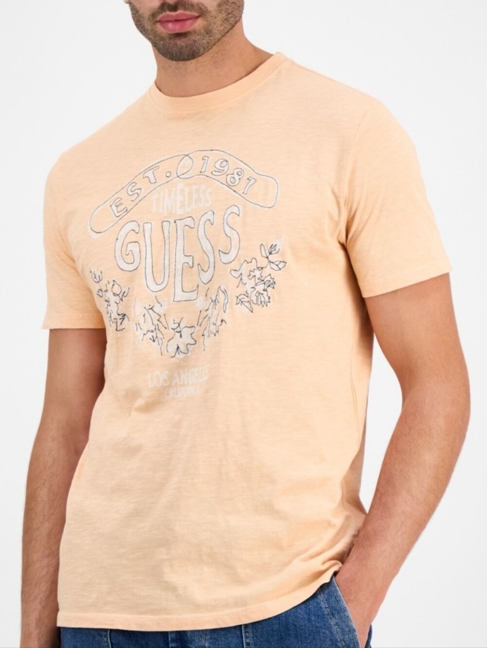 Guess Men's Timeless Short Sleeve Tshirt In Energy Peach. Embroidered Logo NWT